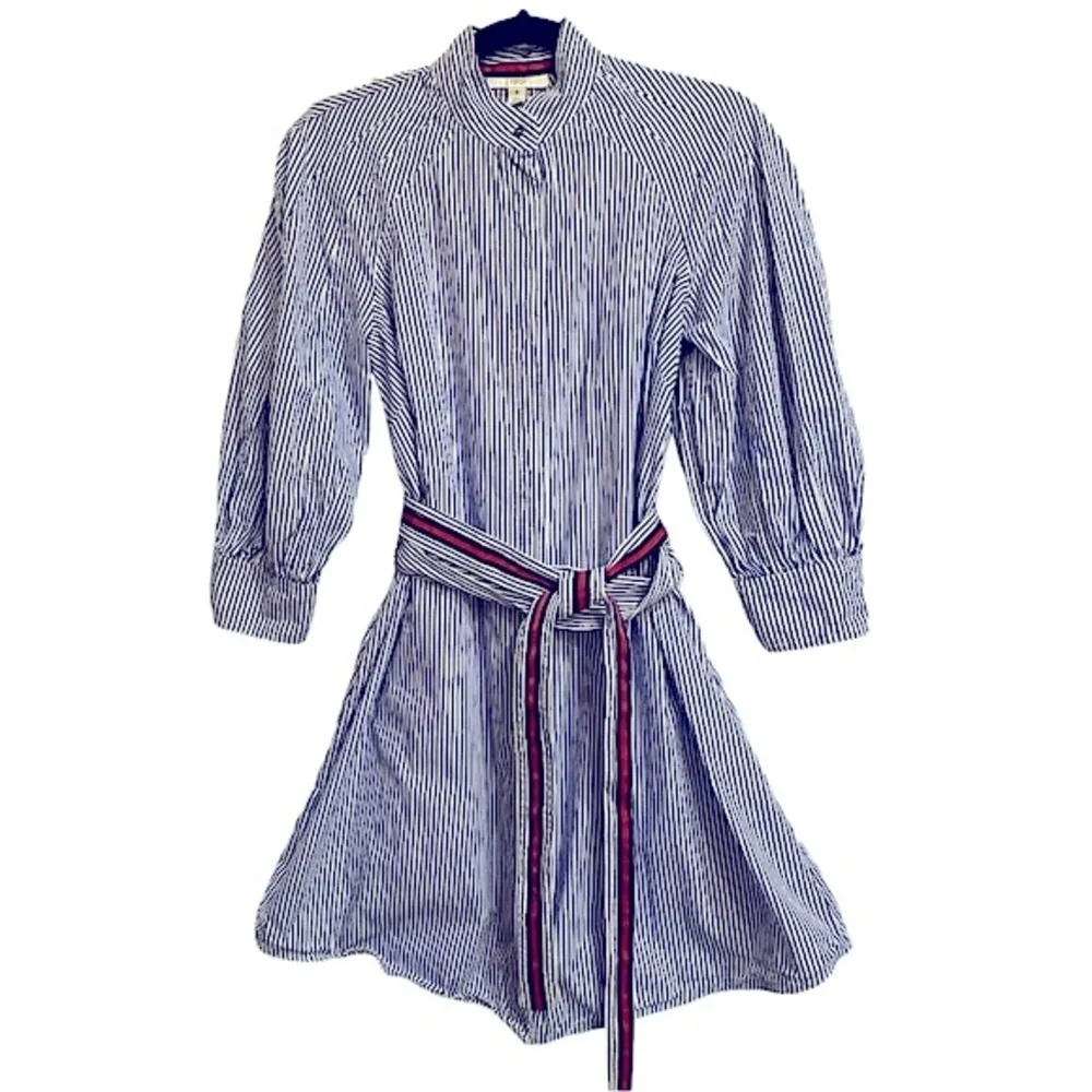 Nordstrom 1901 Striped Blue & White Cotton Shirtdress Belt Cotton Obi Sash Sz 6 - Picture 3 of 12